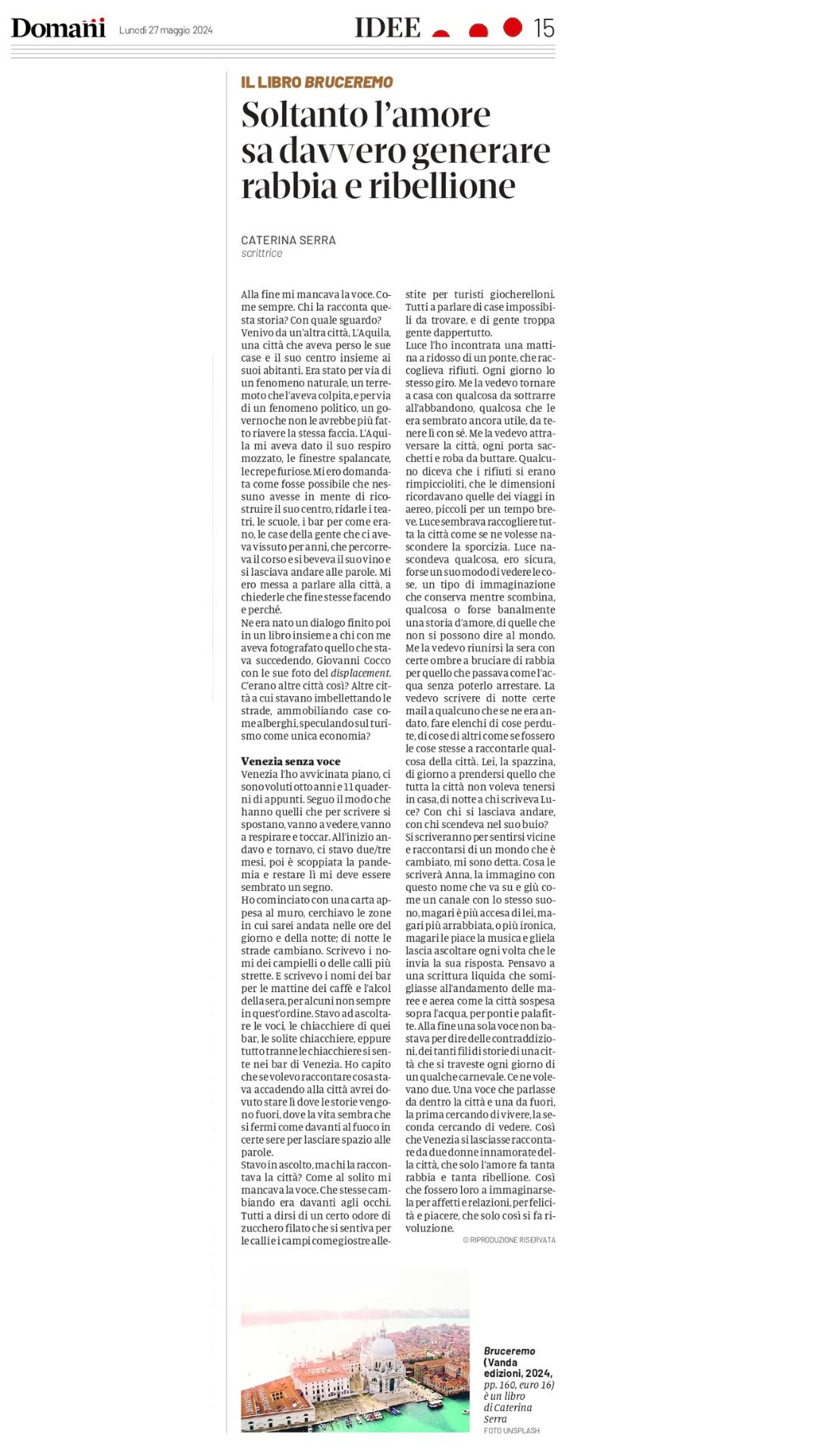 “Bruceremo” di Caterina Serra su Domani
