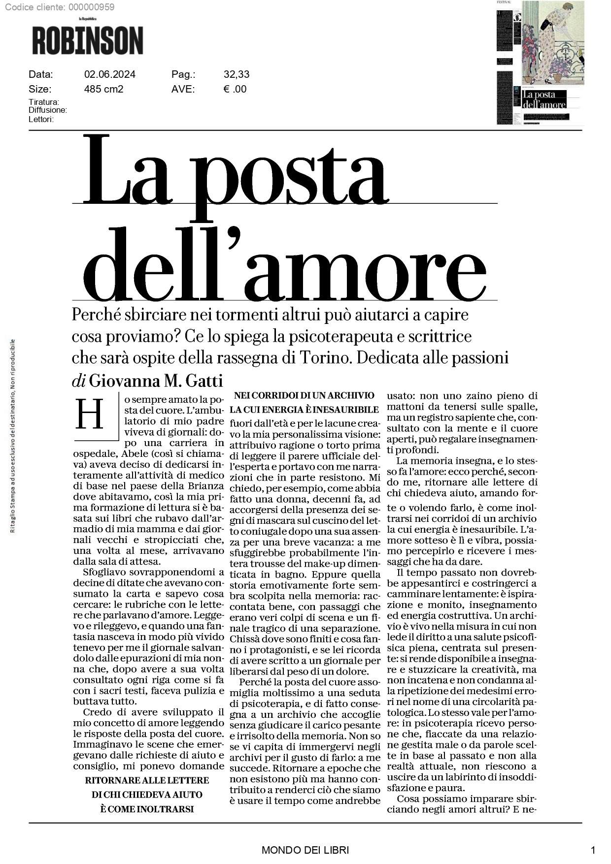 “Parlami d’amore” di MariaGiovanna Gatti Luini su ROBINSON (La Repubblica)